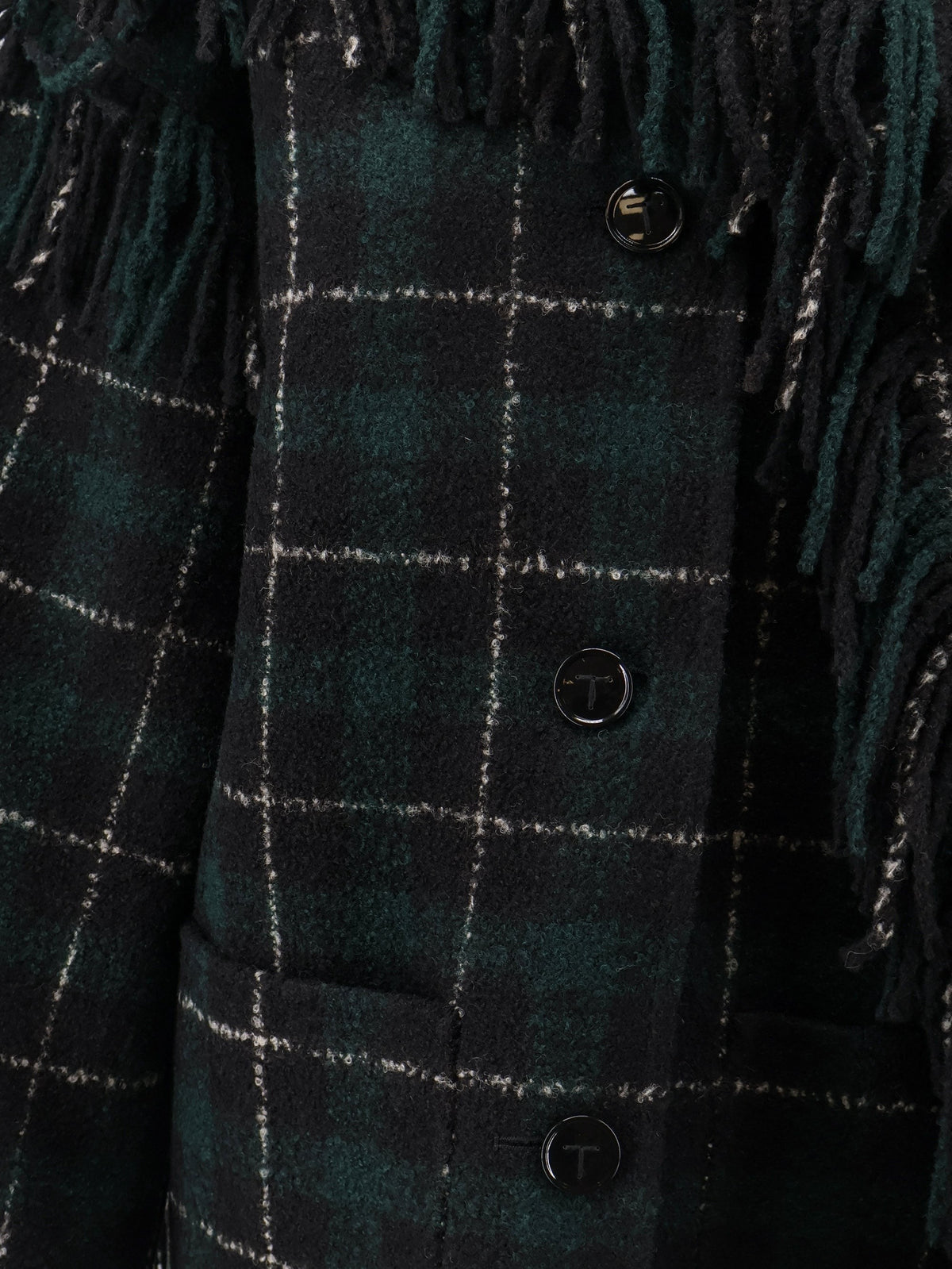 Fringed scarf madras wool coat 3