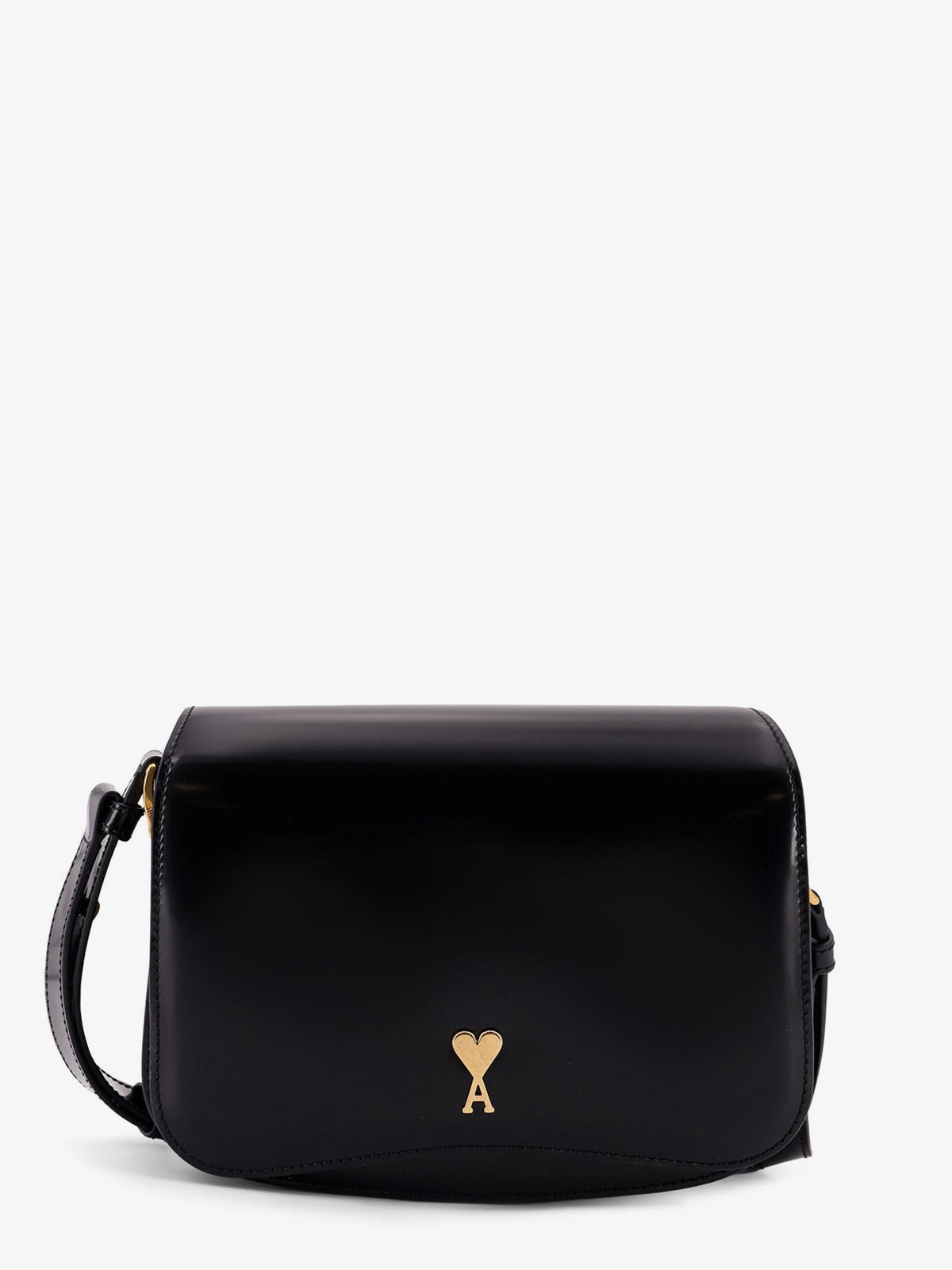 Leather shoulder bag with metal logo on the front