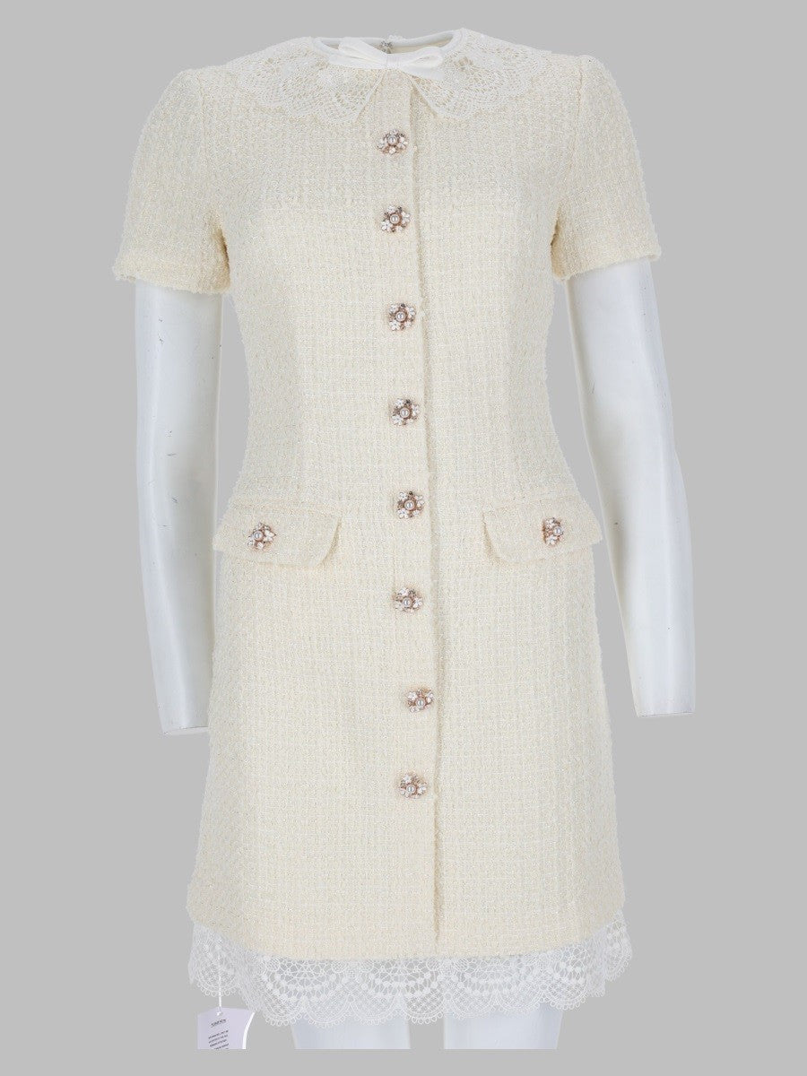 Mini Abito Sartoriale in Bouclé con Inserti in Pizzo
