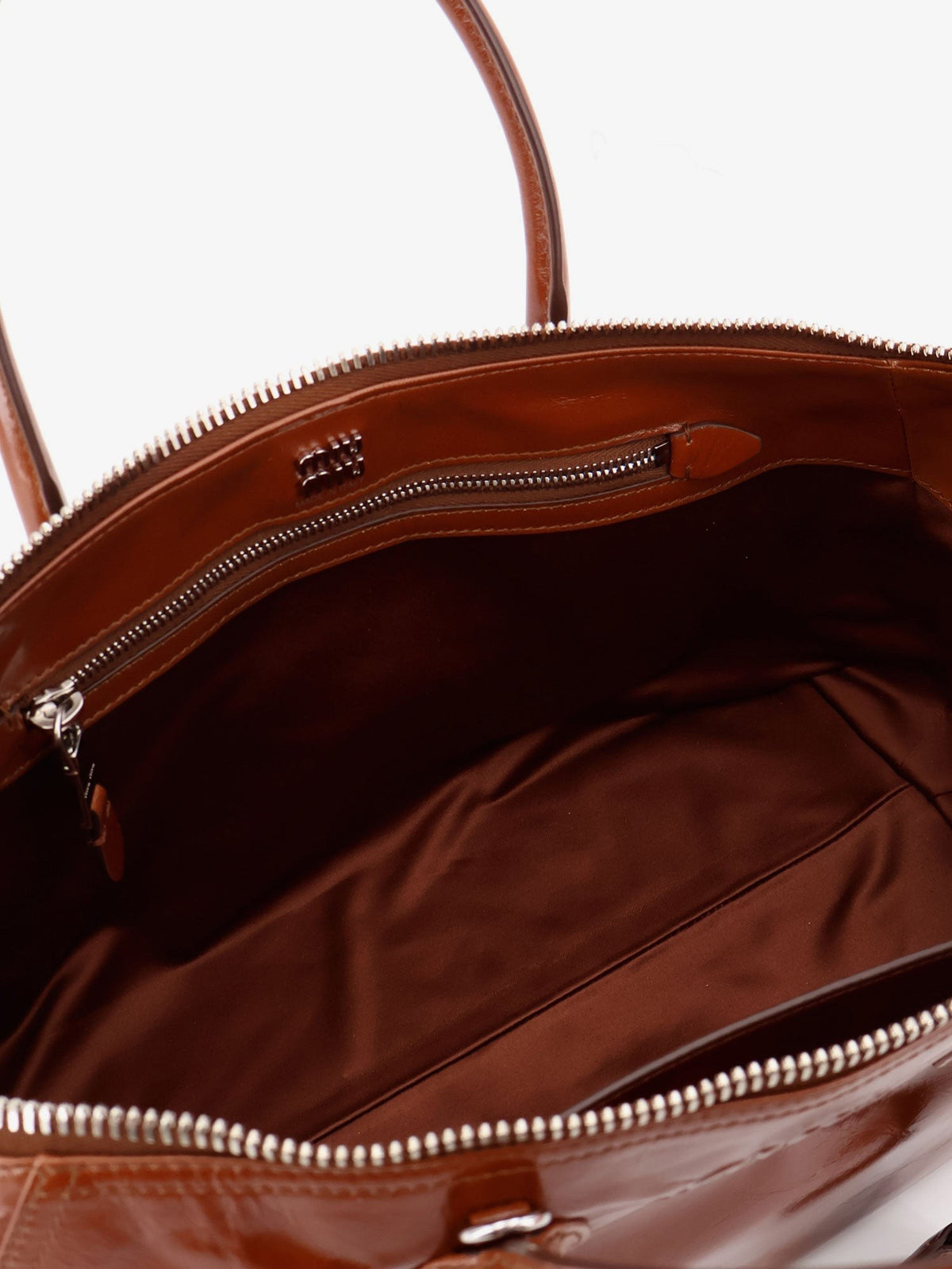 Shiny leather handbag with front lettering logo 4