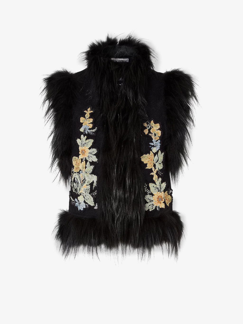 Wool vest with floral embroidery and fox fur trim